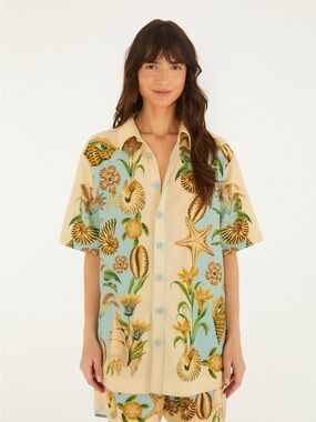 FARM RIO Seashell Print Short-Sleeve Shirt - Cream & Light Blue NWT XXS
